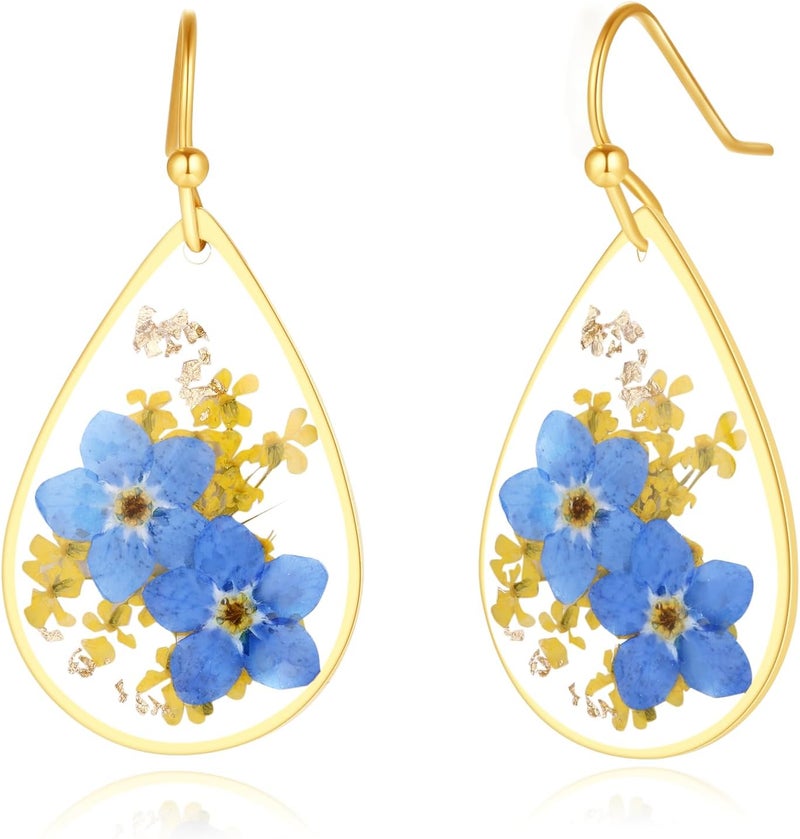 AUNTESIGN Store Forget-Me-Not and Queen Anne's Lace Pressed Wildflower Earrings | Pressed Flower Earrings | Handmade Drop and Dangle Earrings | Gift for Woman - Image 1